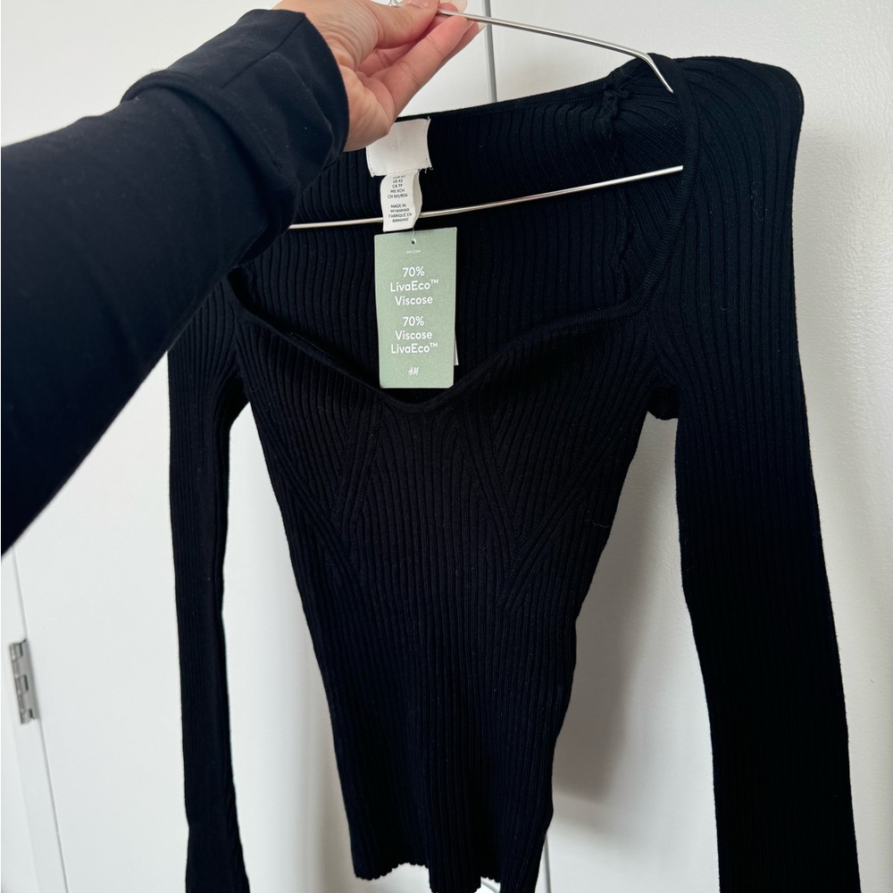 Black Ribbed Long Bell Sleeve Top